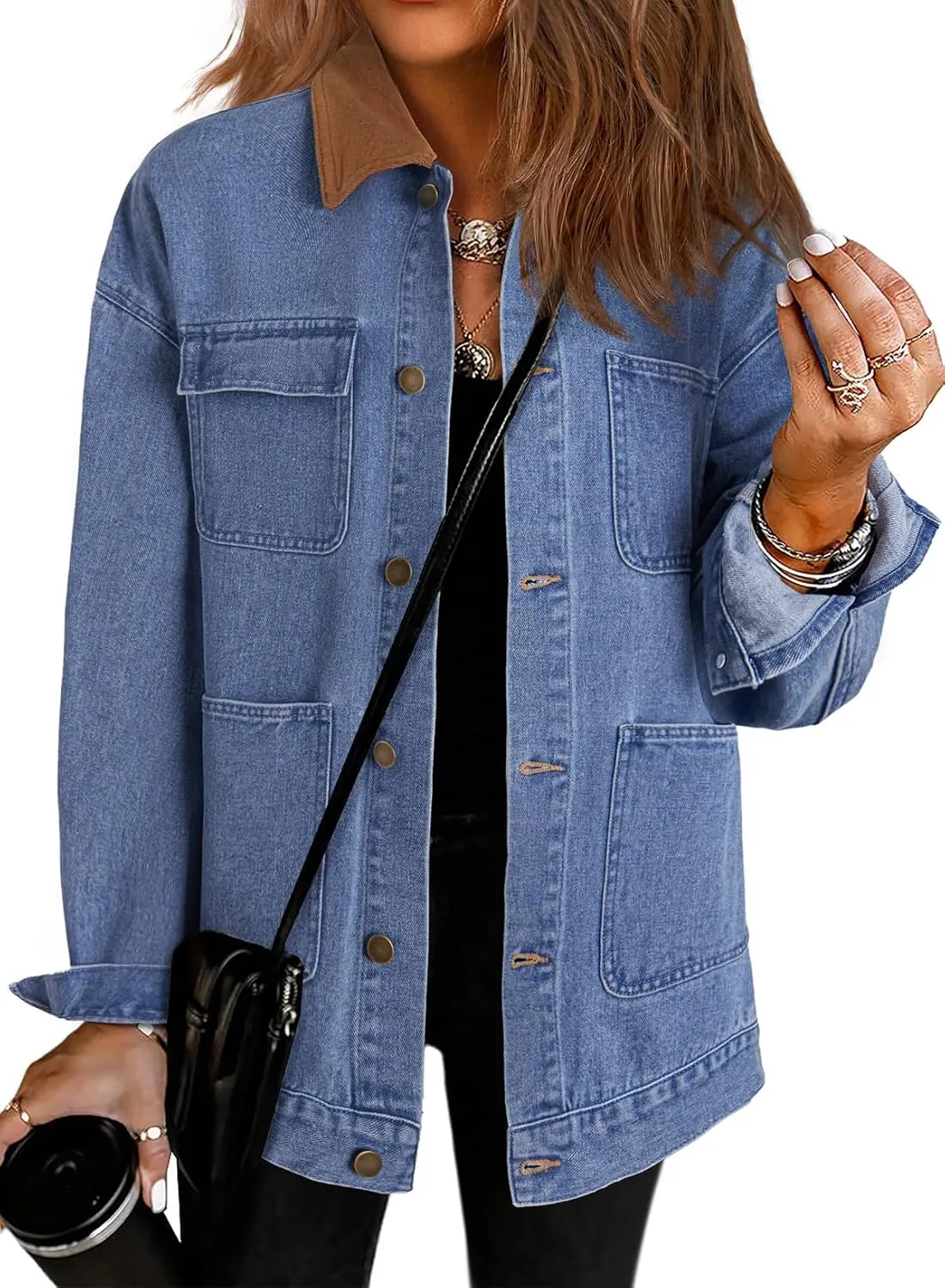 Dokotoo Women's Denim Jacket Oversized Contrast Collar Jean Jackets 2025 Spring Outfits Vintage Long Sleeve Shirts