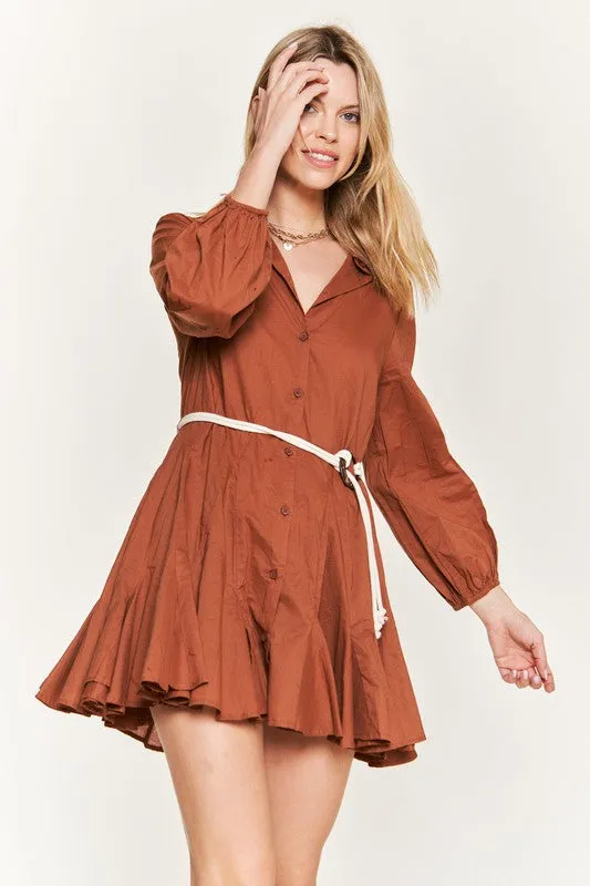 Elegant Flared Button-Down Shirt Dress with Belt