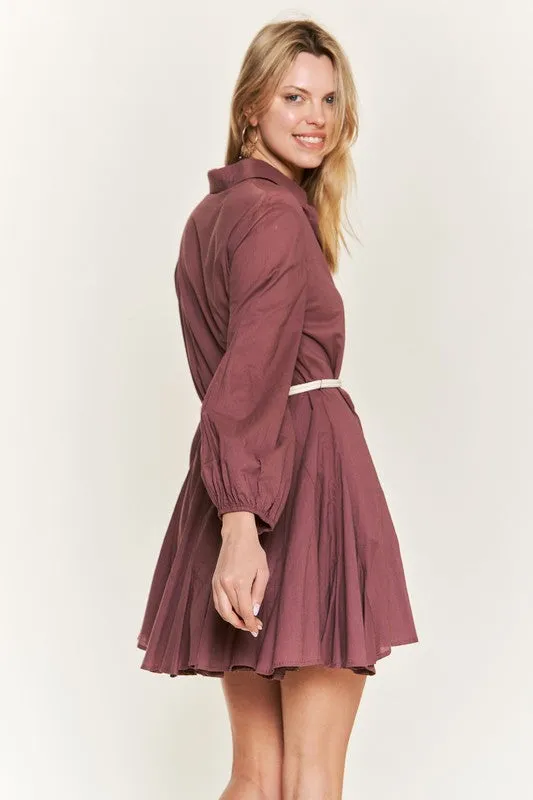 Elegant Flared Button-Down Shirt Dress with Belt