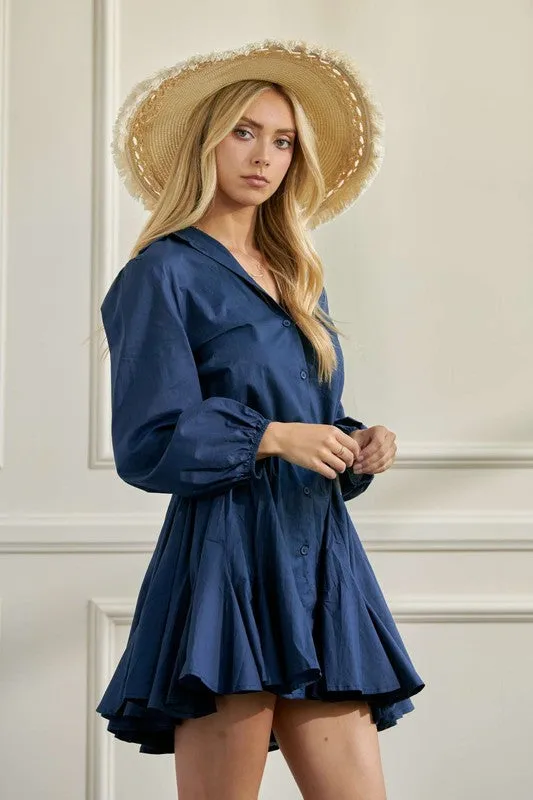 Elegant Flared Button-Down Shirt Dress with Belt
