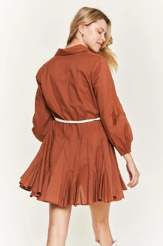 Elegant Flared Button-Down Shirt Dress with Belt