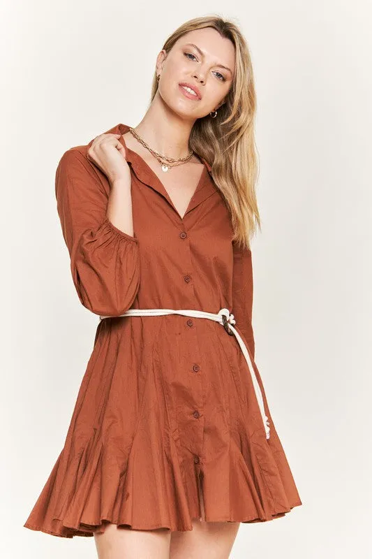 Elegant Flared Button-Down Shirt Dress with Belt