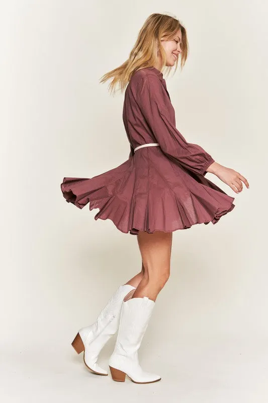 Elegant Flared Button-Down Shirt Dress with Belt