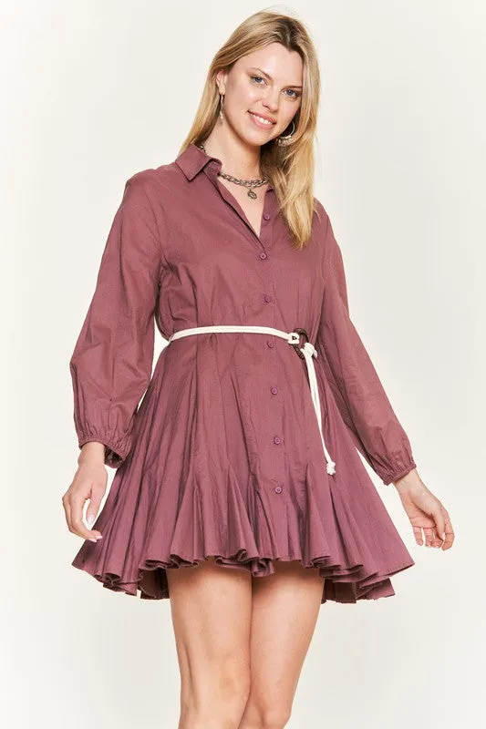 Elegant Flared Button-Down Shirt Dress with Belt