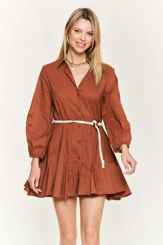 Elegant Flared Button-Down Shirt Dress with Belt