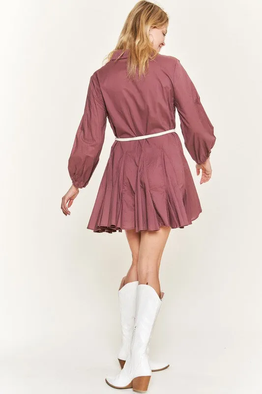 Elegant Flared Button-Down Shirt Dress with Belt