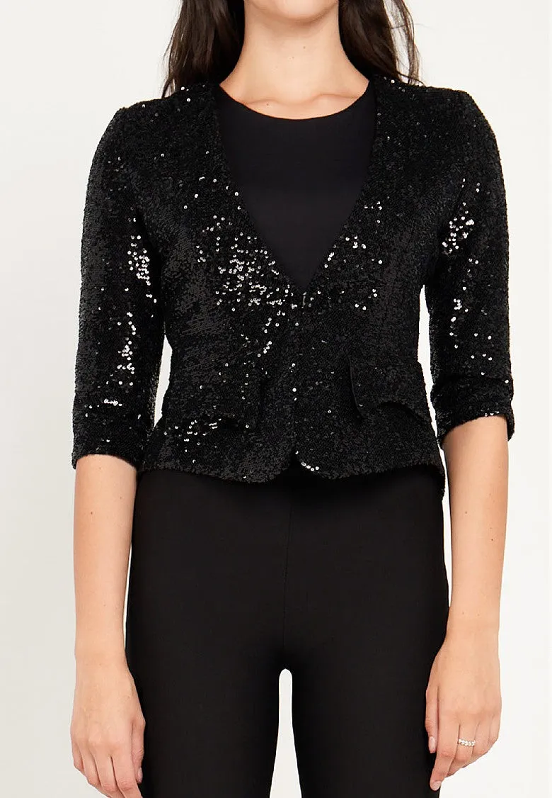 Embellished Sequin Quarter Sleeves Blazer In Black