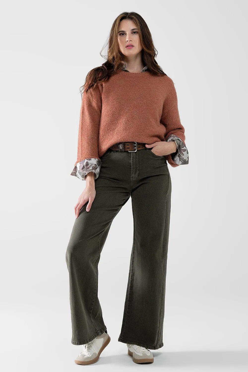 Extra Wide Leg Pants In Olive Green Color