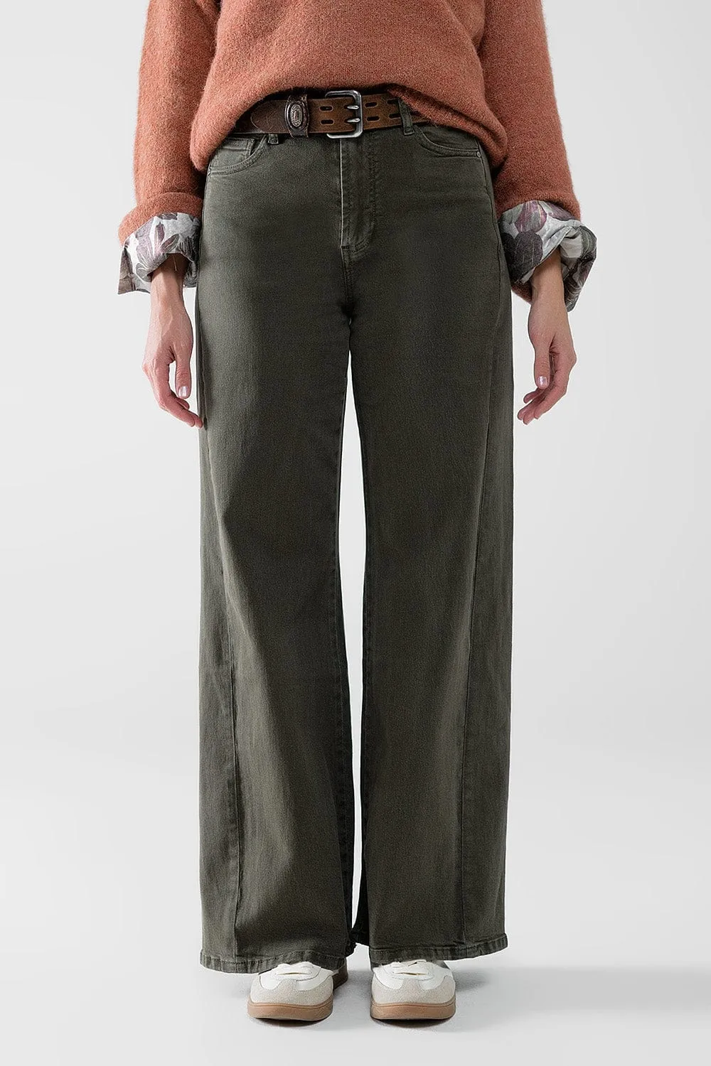 Extra Wide Leg Pants In Olive Green Color