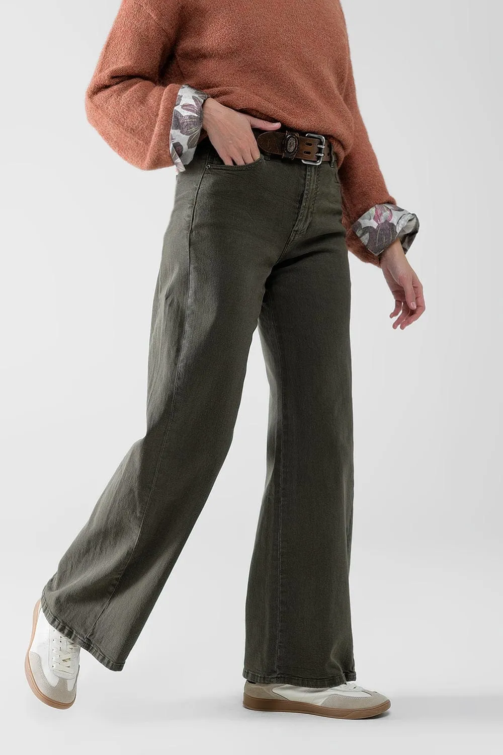 Extra Wide Leg Pants In Olive Green Color
