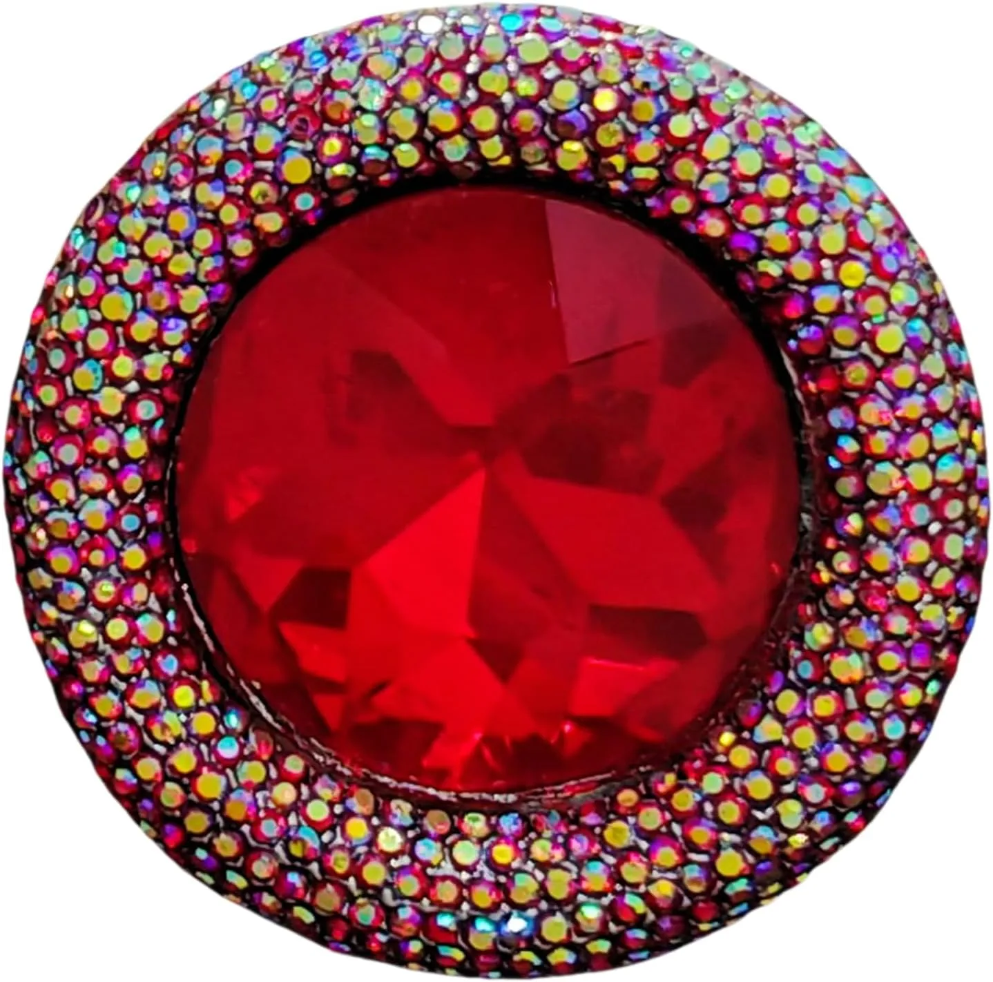 Faceted Cut Blood Red Round Stone Brooch Pin  Art Deco Style with AB Crystal Accents, Silver-Tone Retro Jewelry for Women