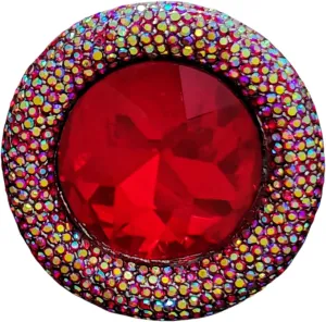 Faceted Cut Blood Red Round Stone Brooch Pin  Art Deco Style with AB Crystal Accents, Silver-Tone Retro Jewelry for Women