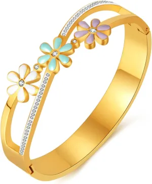 Fashion 18K Gold Plated Stainless Steel Flower Cubic Zirconia Bracelet Bangle