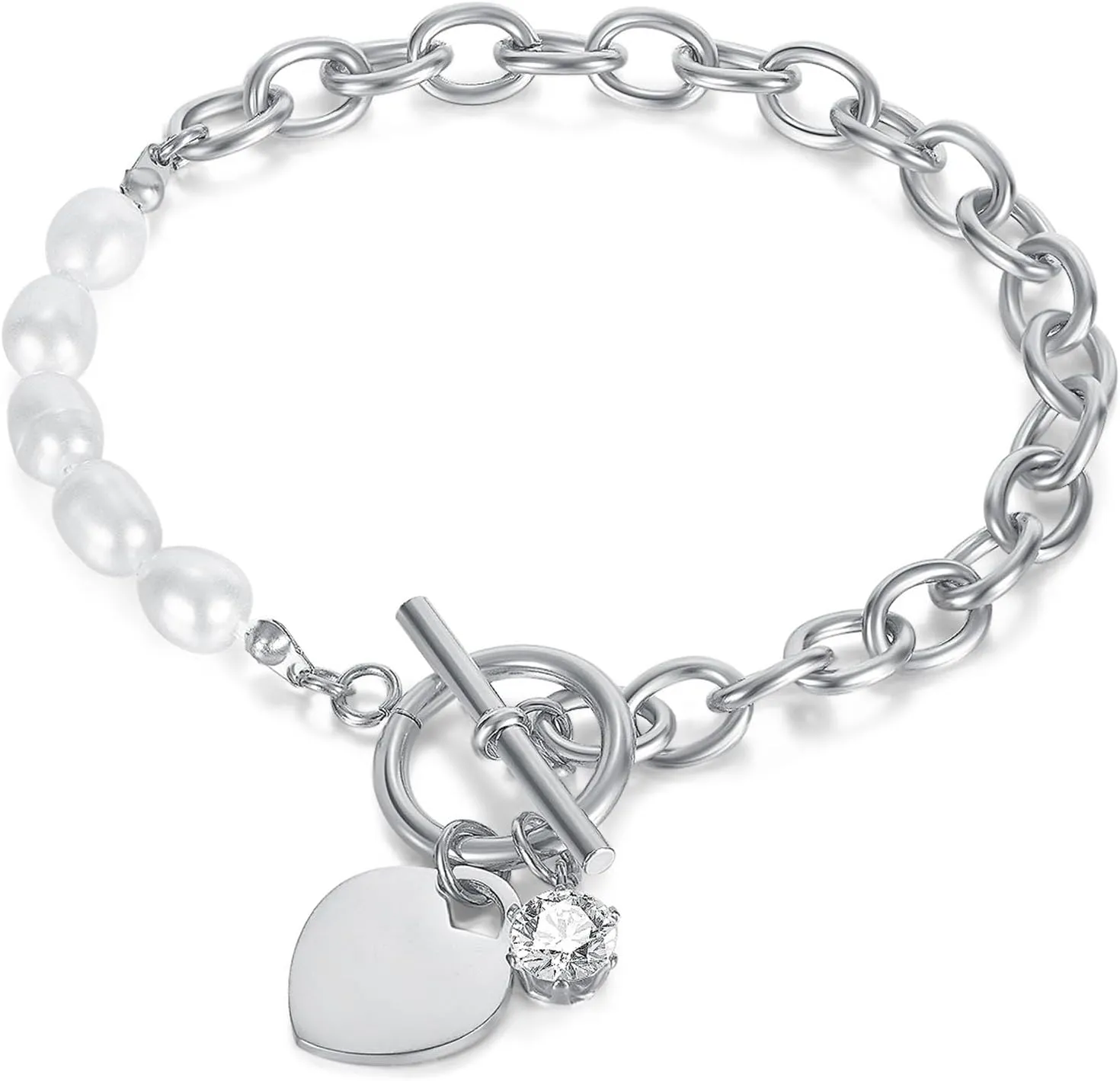 Fashion Stainless Steel Faux Pearl Cubic Zirconia Heart Charm Link Chain Bracelet