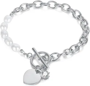 Fashion Stainless Steel Faux Pearl Cubic Zirconia Heart Charm Link Chain Bracelet