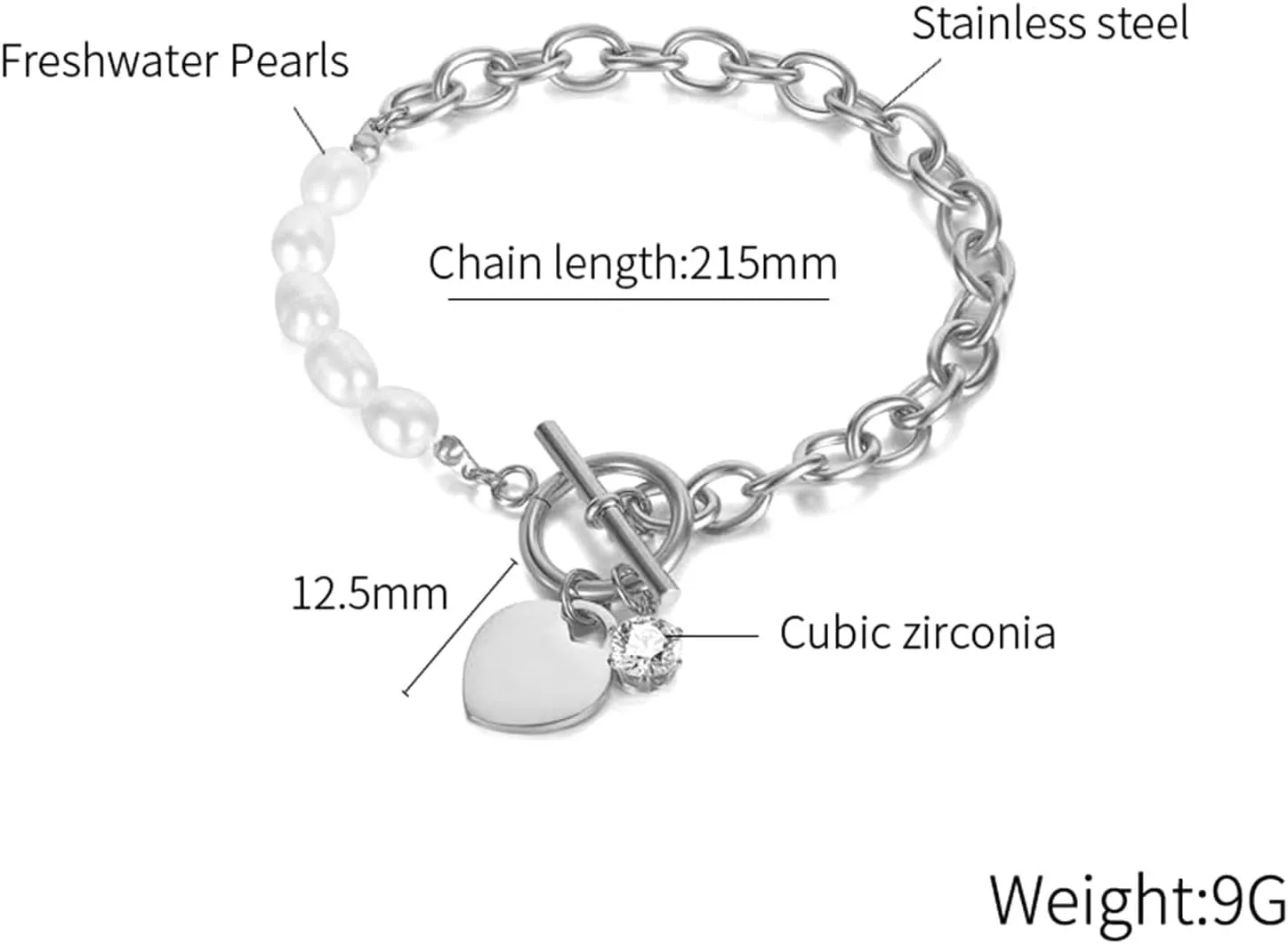 Fashion Stainless Steel Faux Pearl Cubic Zirconia Heart Charm Link Chain Bracelet