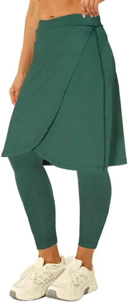 Fisoew Women's Knee Length Athletic Skirt with Leggings Wrap Gym Workout Golf Tennis Skorts with Pocket