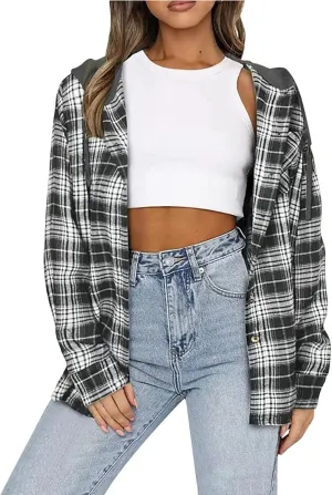 Flannel Hoodies For Women Fall Fashion 2023 Lightweight Shacket Jackets Casual Long Sleeve Button Fown Plaid Shirts