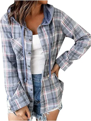 Flannel Hoodies For Women Fall Fashion 2023 Lightweight Shacket Jackets Casual Long Sleeve Button Fown Plaid Shirts