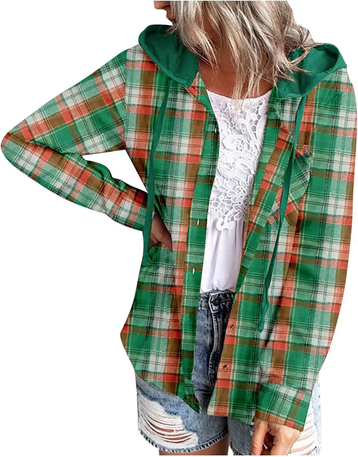 Flannel Hoodies For Women Fall Fashion 2023 Lightweight Shacket Jackets Casual Long Sleeve Button Fown Plaid Shirts