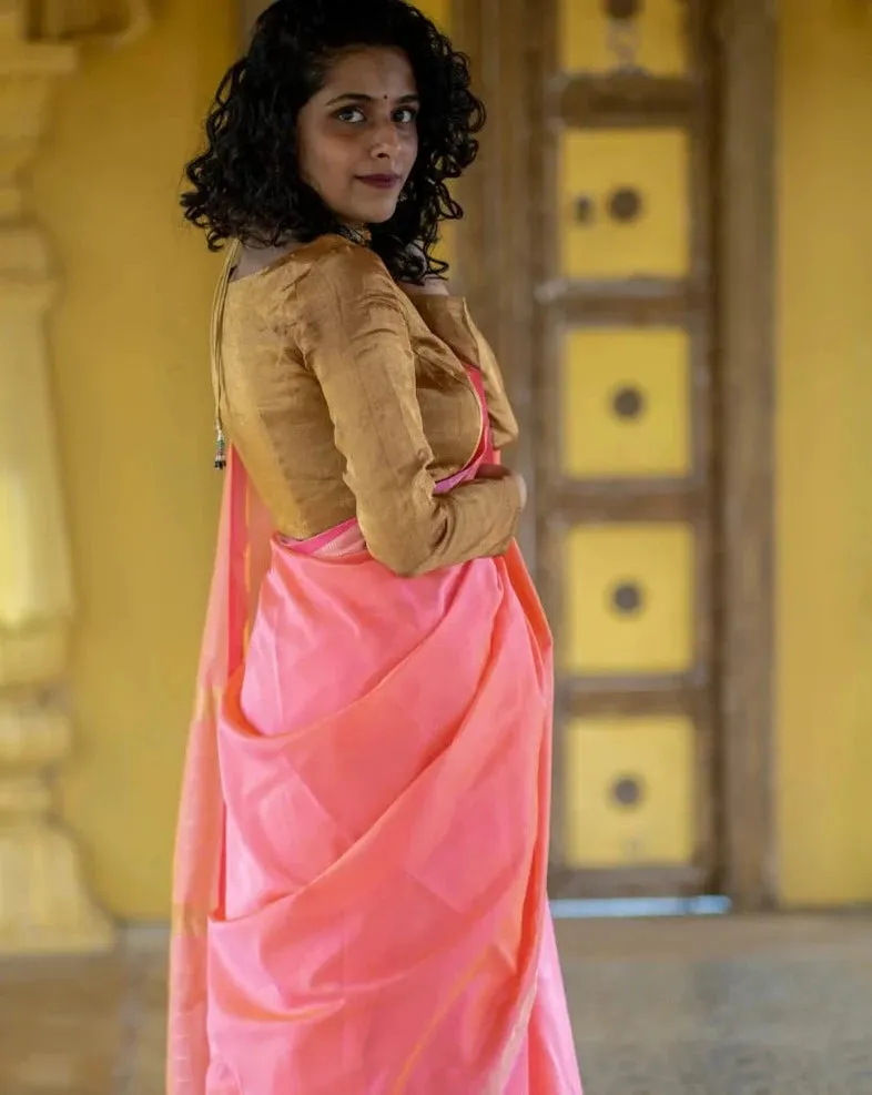 Golden Readymade Handloom Chanderi Silk And Zari Blouse