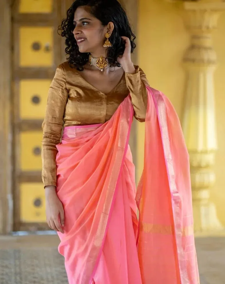 Golden Readymade Handloom Chanderi Silk And Zari Blouse