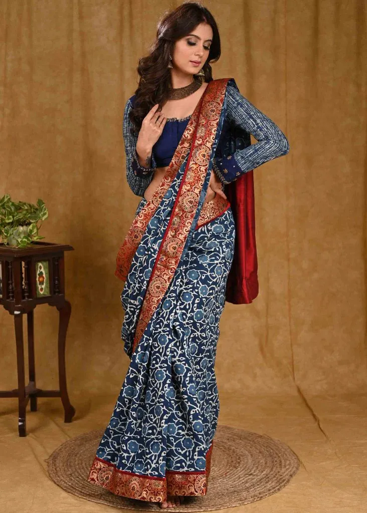 Graceful Indigo Saree With Stone Embellishment, Maroon Cotton Silk Pallu And Benarasi Border