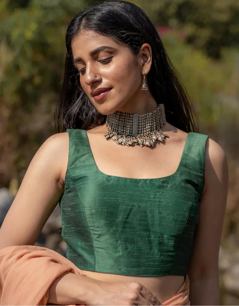 Green Silk Sleeveless Padded Blouse