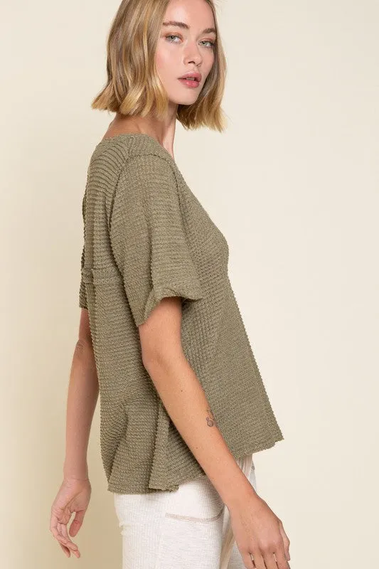 Half Sleeve V-neck Waffle Knit Top