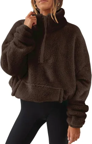Half Zip Pullover Women Sherpa Fleece Oversized Hoodie Cute Fuzzy Cropped Sweatshirts with Pockets Pullover Sweaters