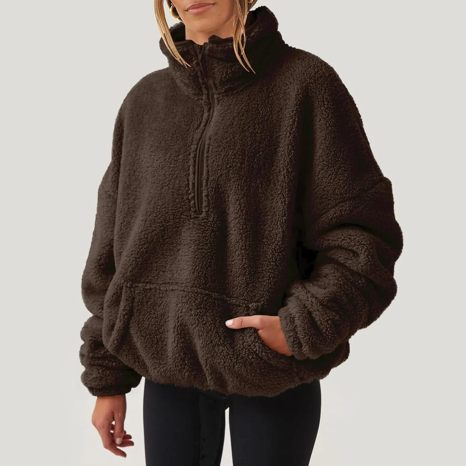 Half Zip Pullover Women Sherpa Fleece Oversized Hoodie Cute Fuzzy Cropped Sweatshirts with Pockets Pullover Sweaters