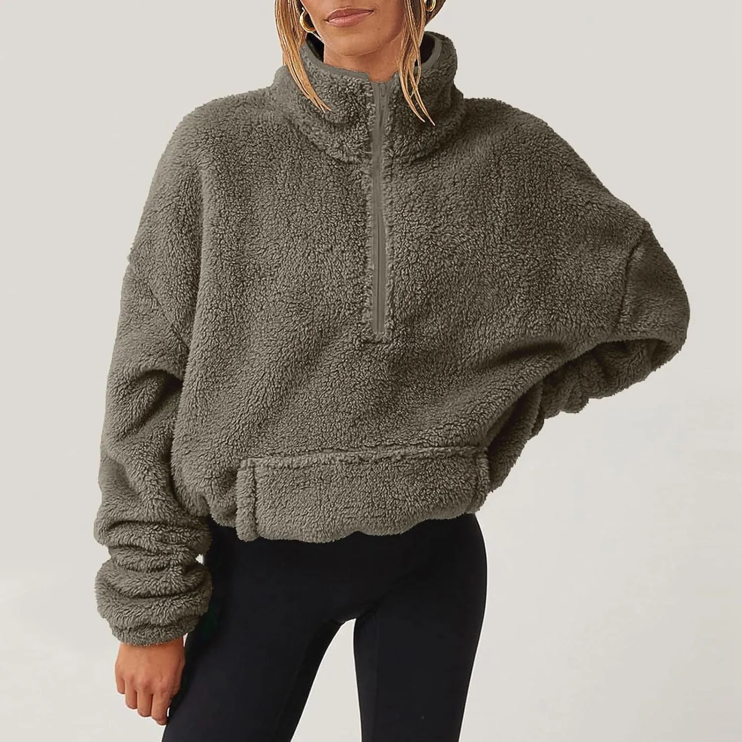 Half Zip Pullover Women Sherpa Fleece Oversized Hoodie Cute Fuzzy Cropped Sweatshirts with Pockets Pullover Sweaters
