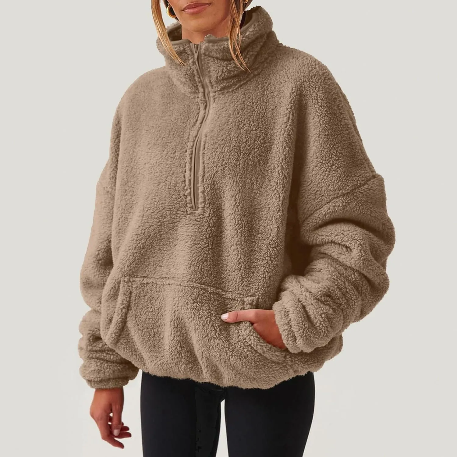 Half Zip Pullover Women Sherpa Fleece Oversized Hoodie Cute Fuzzy Cropped Sweatshirts with Pockets Pullover Sweaters