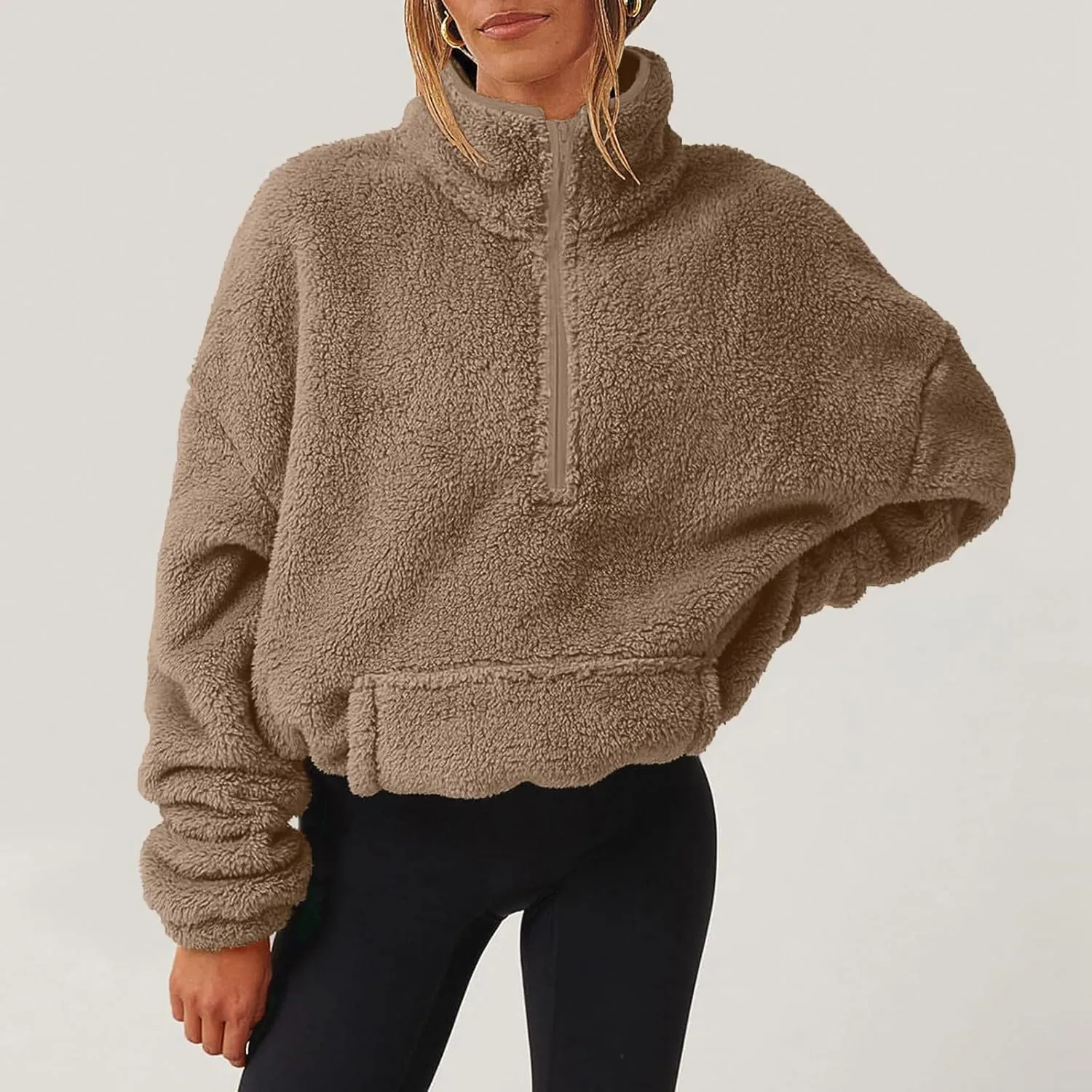 Half Zip Pullover Women Sherpa Fleece Oversized Hoodie Cute Fuzzy Cropped Sweatshirts with Pockets Pullover Sweaters