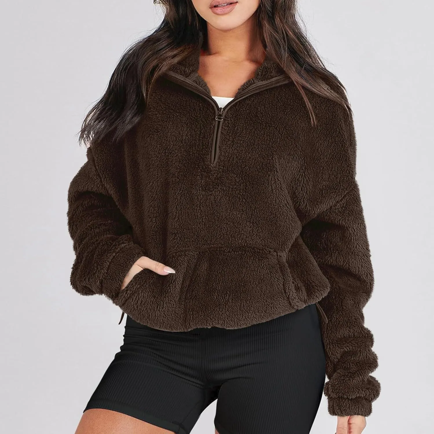 Half Zip Pullover Women Sherpa Fleece Oversized Hoodie Cute Fuzzy Cropped Sweatshirts with Pockets Pullover Sweaters