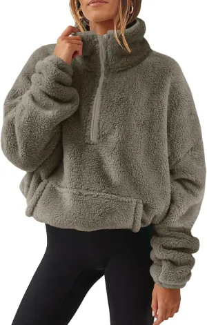 Half Zip Pullover Women Sherpa Fleece Oversized Hoodie Cute Fuzzy Cropped Sweatshirts with Pockets Pullover Sweaters