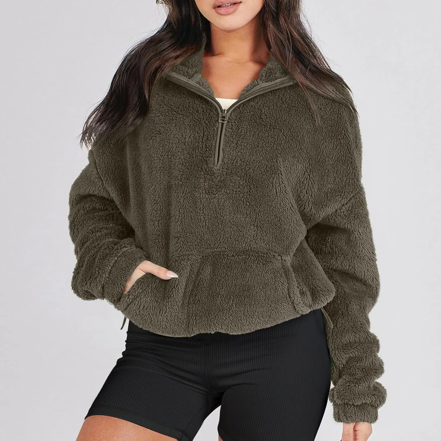 Half Zip Pullover Women Sherpa Fleece Oversized Hoodie Cute Fuzzy Cropped Sweatshirts with Pockets Pullover Sweaters