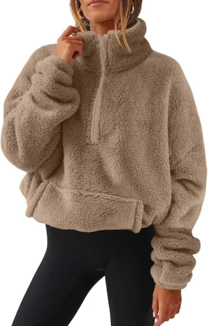 Half Zip Pullover Women Sherpa Fleece Oversized Hoodie Cute Fuzzy Cropped Sweatshirts with Pockets Pullover Sweaters