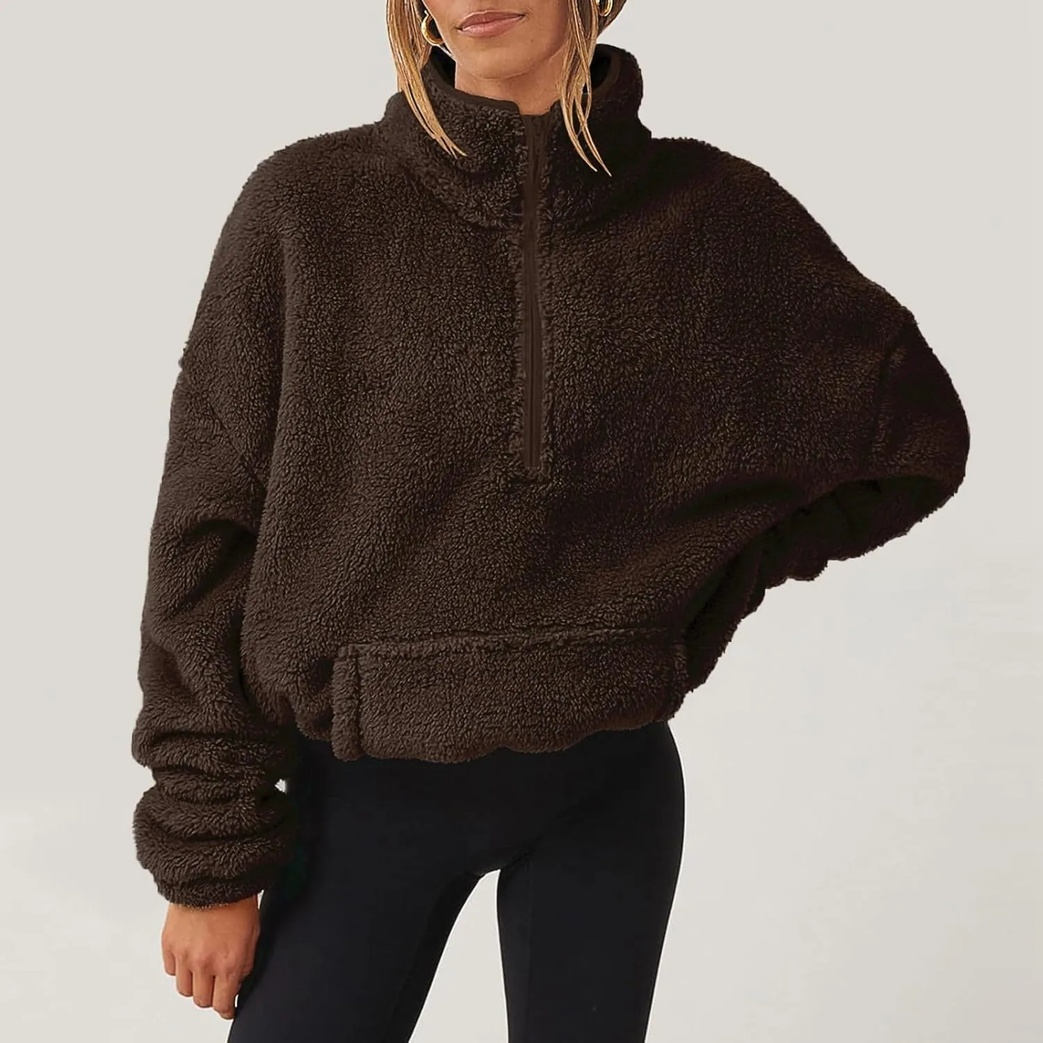 Half Zip Pullover Women Sherpa Fleece Oversized Hoodie Cute Fuzzy Cropped Sweatshirts with Pockets Pullover Sweaters