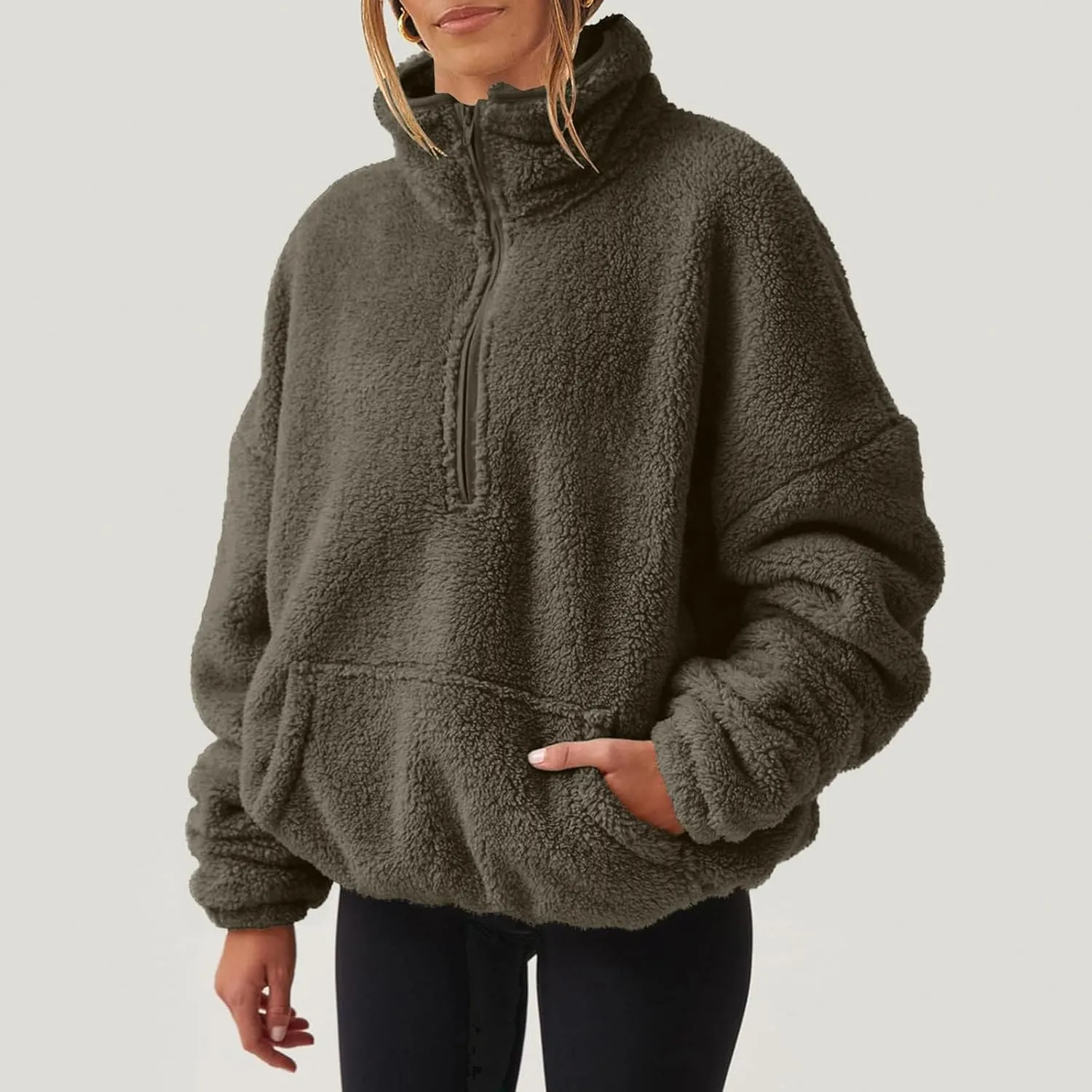 Half Zip Pullover Women Sherpa Fleece Oversized Hoodie Cute Fuzzy Cropped Sweatshirts with Pockets Pullover Sweaters