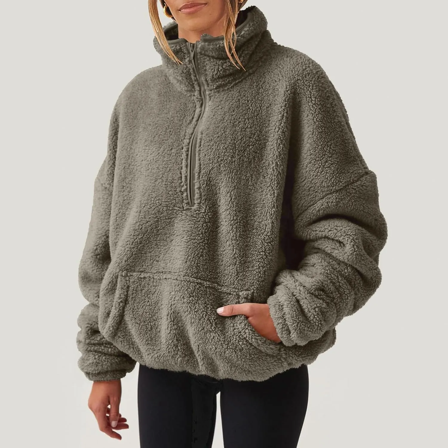 Half Zip Pullover Women Sherpa Fleece Oversized Hoodie Cute Fuzzy Cropped Sweatshirts with Pockets Pullover Sweaters