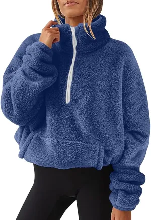 Half Zip Pullover Women Sherpa Fleece Oversized Hoodie Cute Fuzzy Cropped Sweatshirts with Pockets Pullover Sweaters