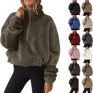 Half Zip Pullover Women Sherpa Fleece Oversized Hoodie Cute Fuzzy Cropped Sweatshirts with Pockets Pullover Sweaters