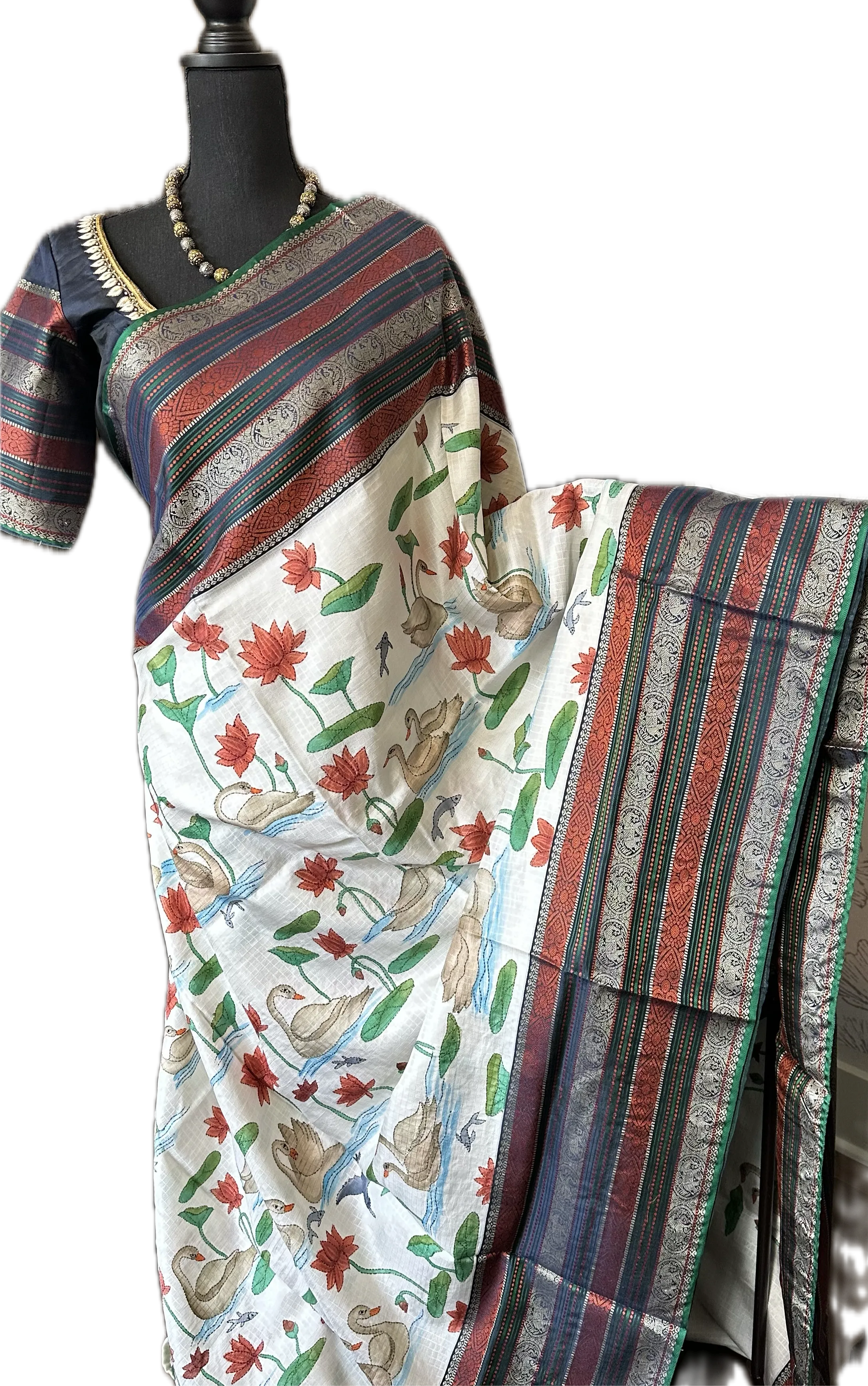 Hand painted Pure kanjivaram silk saree with brocade silk blouses