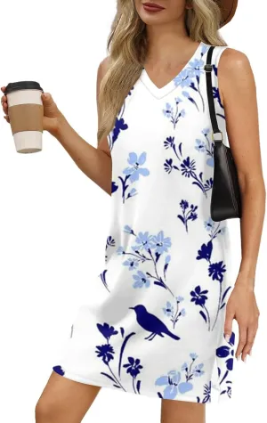 Hip Summer Sports Sundress Ladies Oversize Tanks Loose Fit Dress for Women Printed V Neck Comfort Dresses