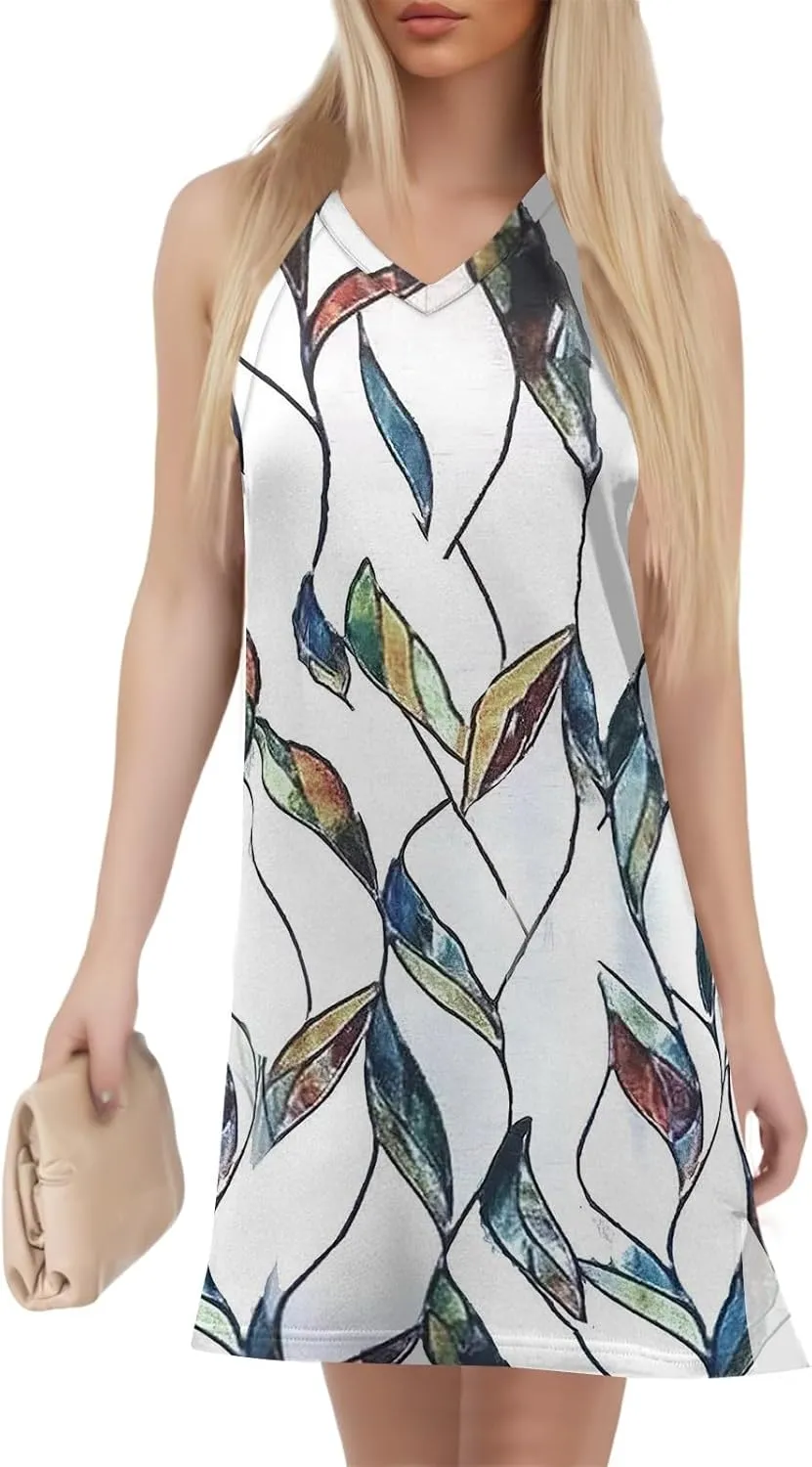 Hip Summer Sports Sundress Ladies Oversize Tanks Loose Fit Dress for Women Printed V Neck Comfort Dresses