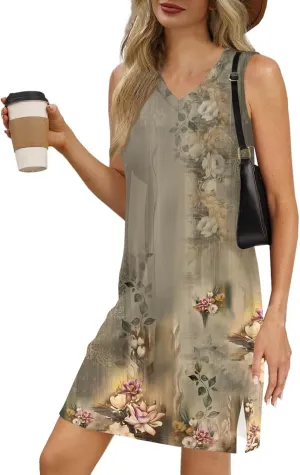 Hip Summer Sports Sundress Ladies Oversize Tanks Loose Fit Dress for Women Printed V Neck Comfort Dresses