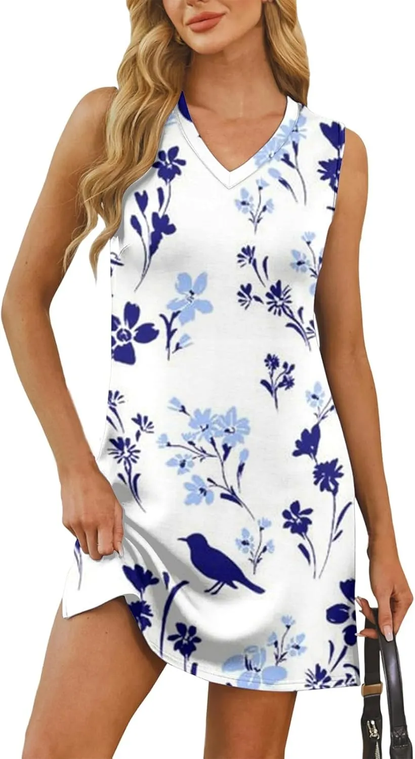 Hip Summer Sports Sundress Ladies Oversize Tanks Loose Fit Dress for Women Printed V Neck Comfort Dresses