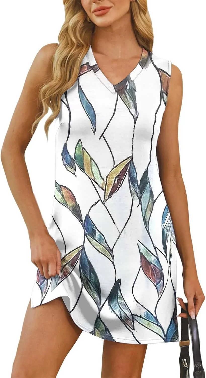 Hip Summer Sports Sundress Ladies Oversize Tanks Loose Fit Dress for Women Printed V Neck Comfort Dresses
