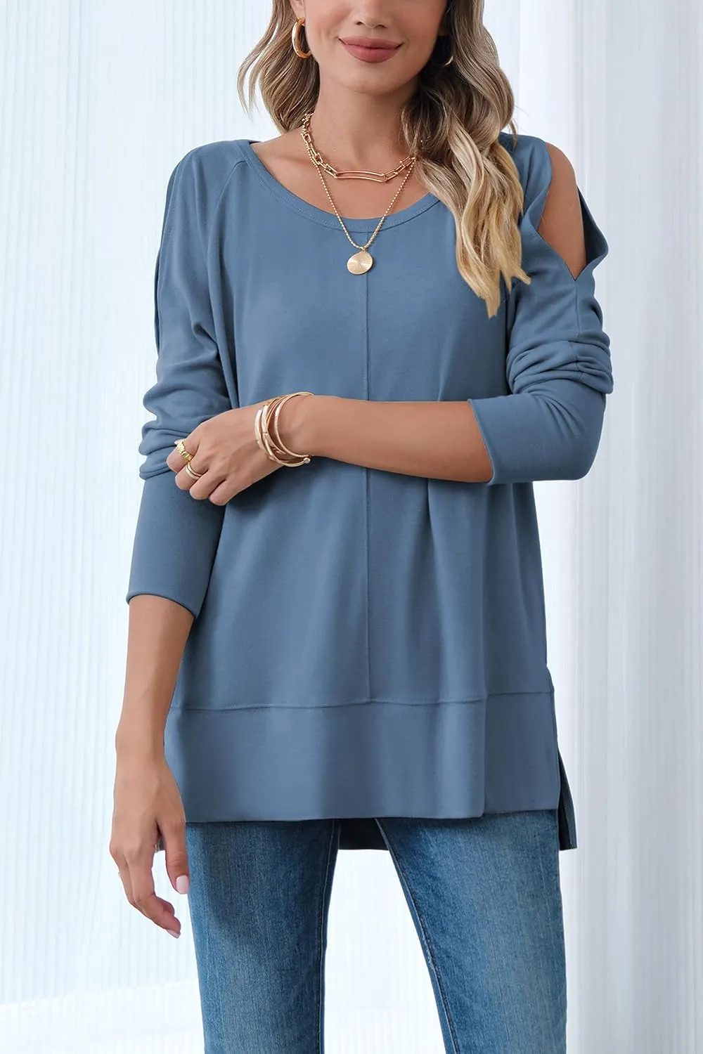 Hongqizo Women's Cold Shoulder Long Sleeve Sweatshirt Casual Crew Neck Side Split Loose Pullover Tops Blouses